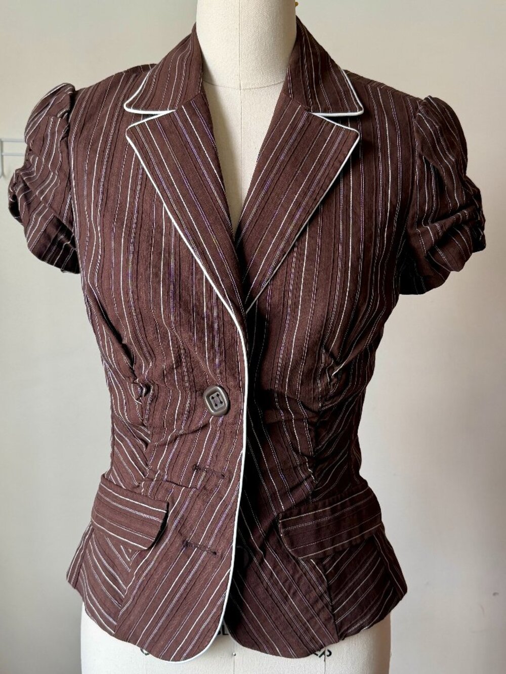 Y2K Brown Pinstripe Blazer Top | Ruched Puff Sleeve Jacket | Fitted Blazer top M